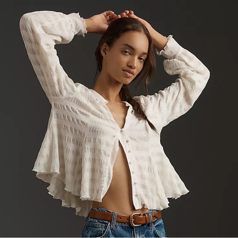 NWOT Anthropologie Long-Sleeve Button-Front Textured Blouse - Picture 12 of 12
